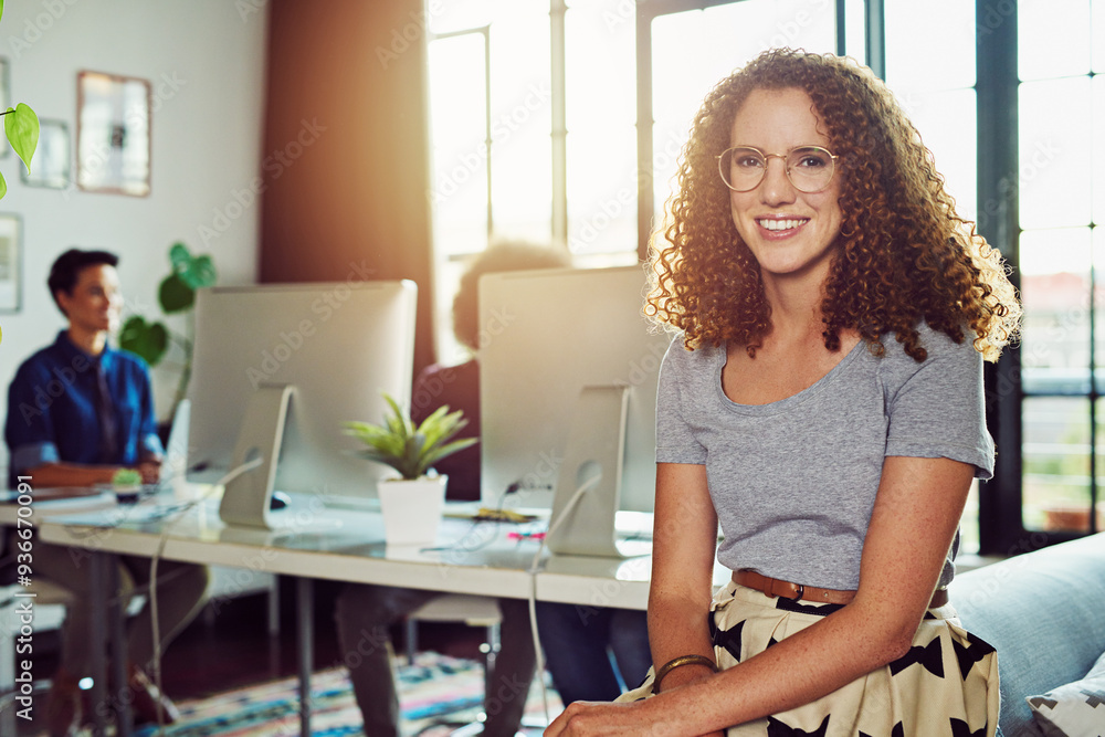 Startup, web design and portrait of business woman with company pride, confidence and smile. Creative workplace, agency and face of happy person in office with team for coworking, job and career Startup, web design and portrait of business woman with company pride, confidence and smile. Creative workplace, agency and face of happy person in office with team for coworking, job and career