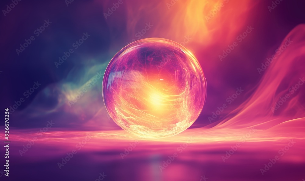 A large, glowing, colorful sphere sits on a pink surface. The sphere is surrounded by a purple and orange background, creating a sense of depth and dimension. The colors and shapes of the sphere A large, glowing, colorful sphere sits on a pink surface. The sphere is surrounded by a purple and orange background, creating a sense of depth and dimension. The colors and shapes of the sphere