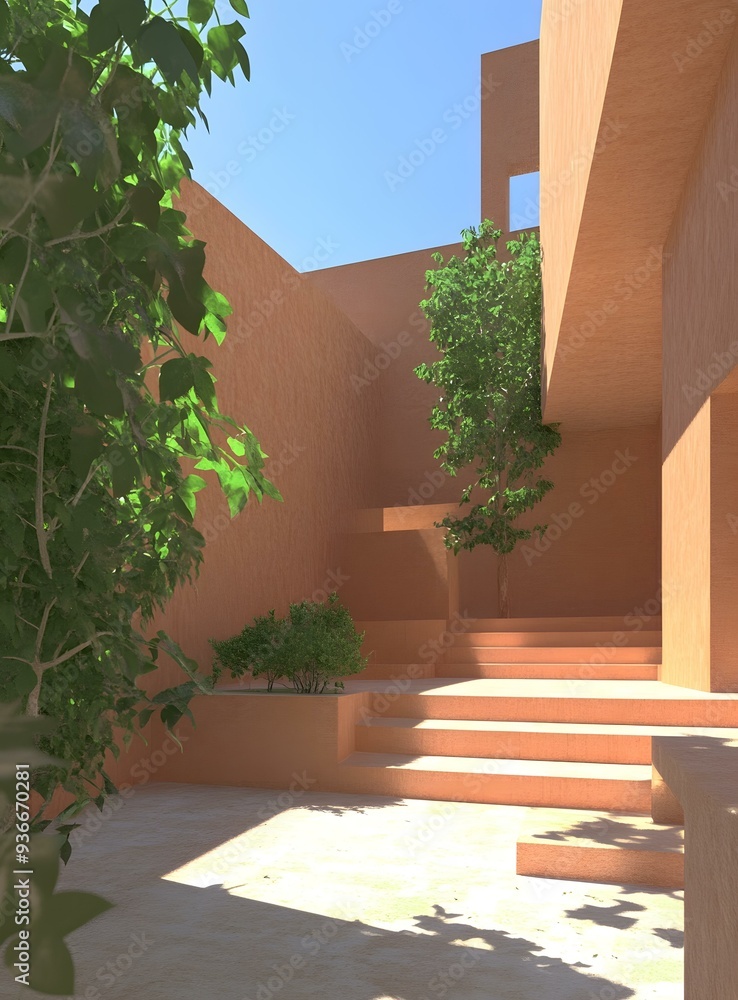 Fototapeta premium Modern Minimalist Architecture Courtyard with Greenery