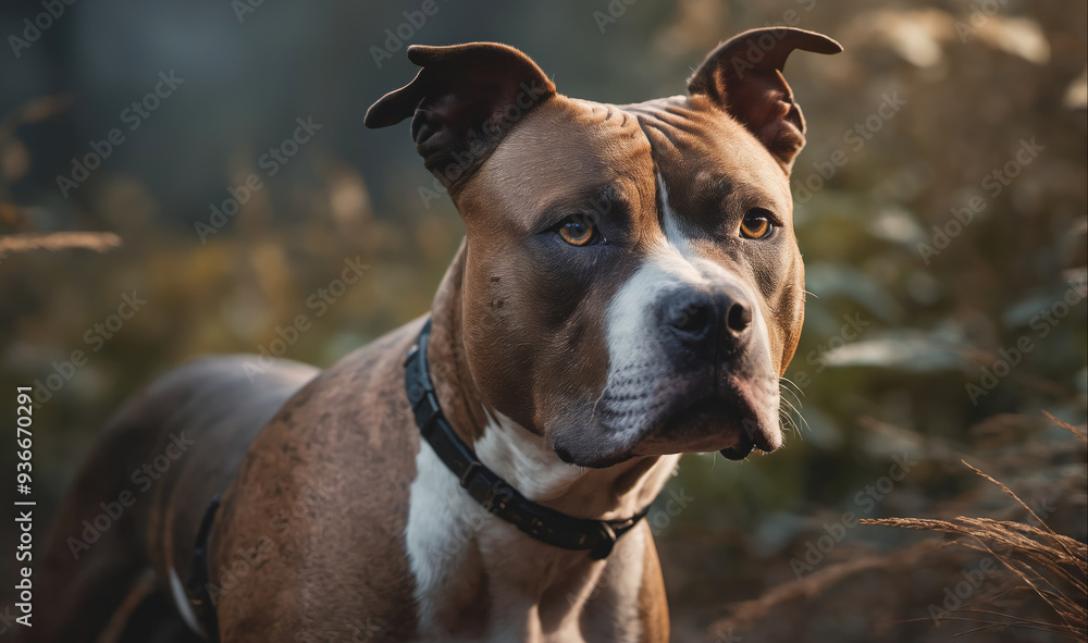 A brown and white pit bull terrier stands in the woods A brown and white pit bull terrier stands in the woods