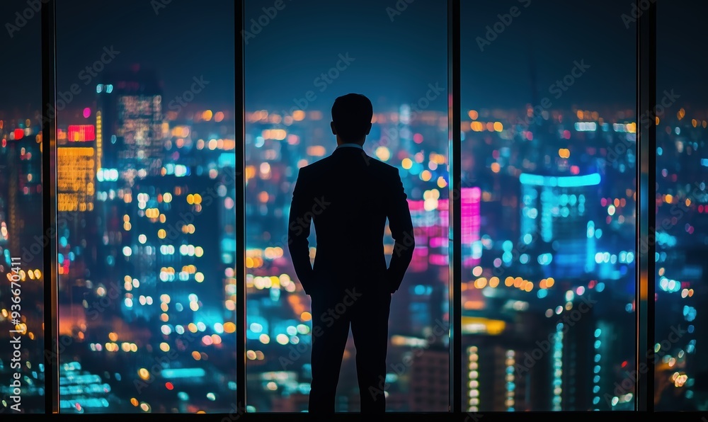 A man in a suit stands in front of a window looking out at the city. The city lights are bright and colorful, creating a sense of excitement and energy. The man is lost in thought A man in a suit stands in front of a window looking out at the city. The city lights are bright and colorful, creating a sense of excitement and energy. The man is lost in thought