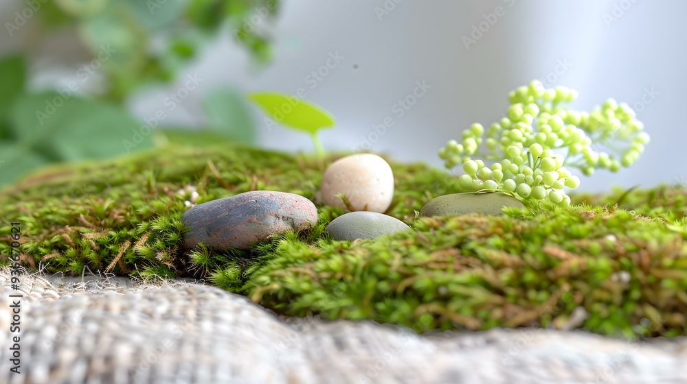Obraz premium Close Up of Moss Covered Rocks with Green Flowers