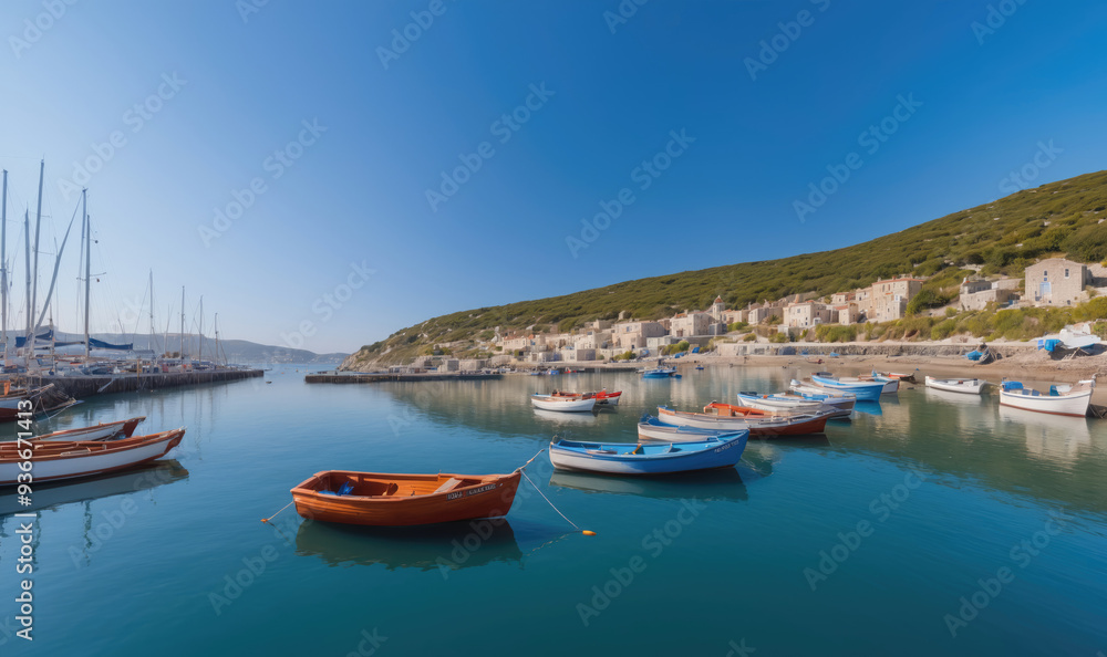 A small town on a rocky cliff overlooks a calm bay with several boats anchored in the water A small town on a rocky cliff overlooks a calm bay with several boats anchored in the water