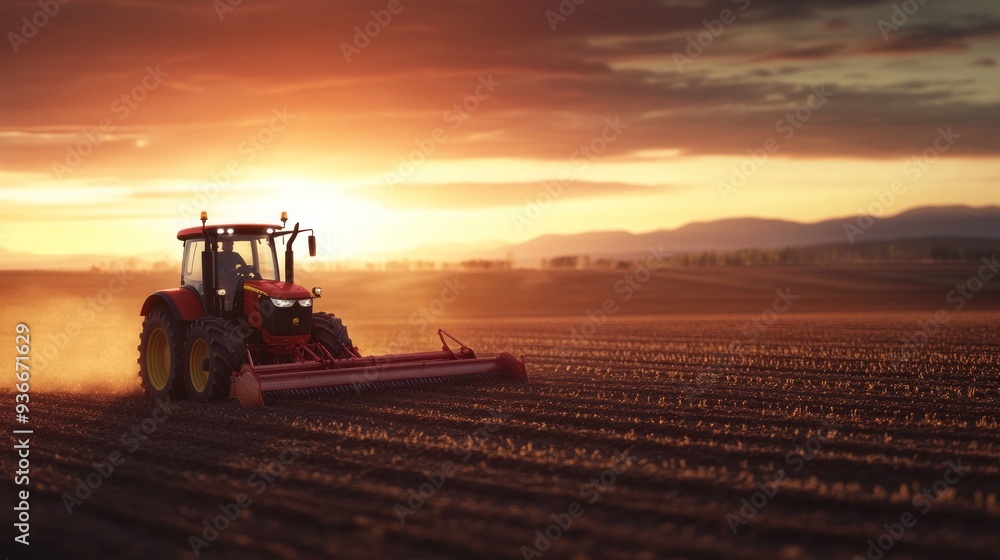 Fototapeta premium Tractor Working in a Field at Sunset
