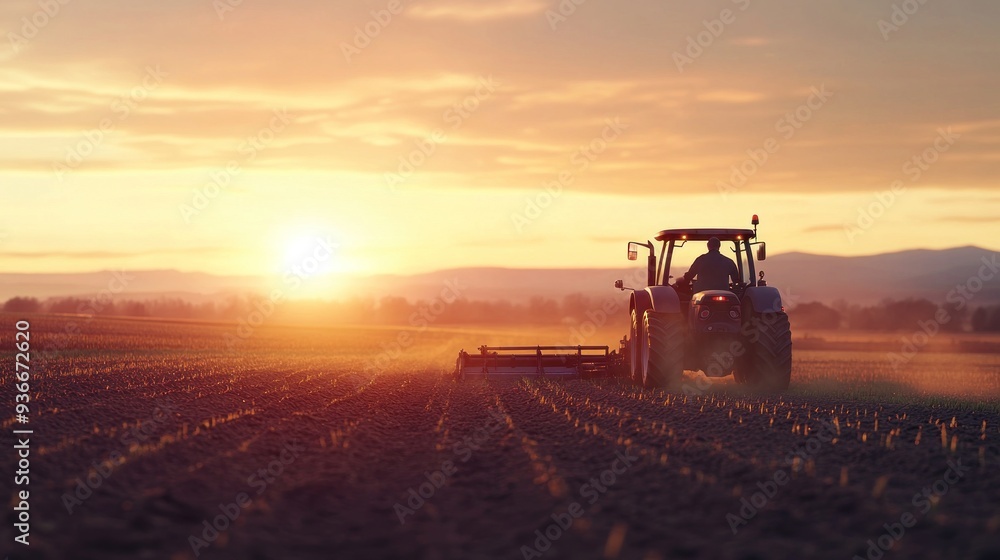 Obraz premium Tractor Working in the Field During Sunset