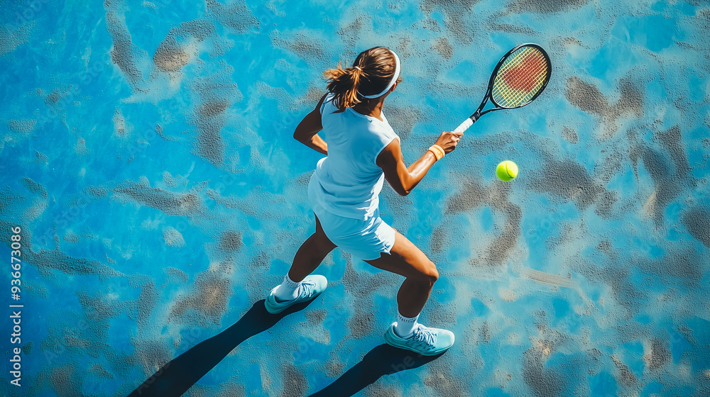 Top view of a female athlete playing padel tennis.