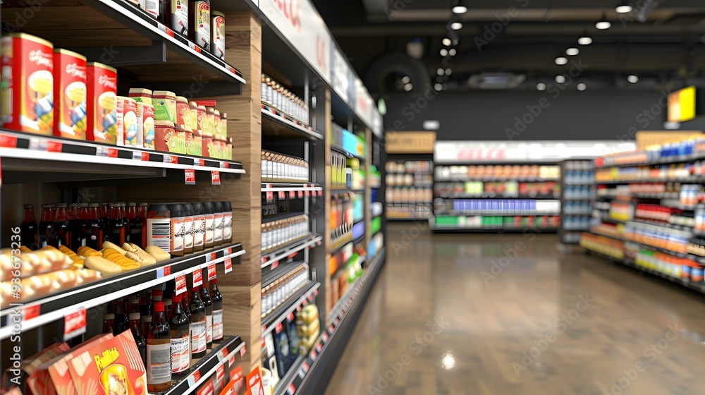 Grocery Store Aisle with Shelves Stocked with Products Grocery Store Aisle with Shelves Stocked with Products