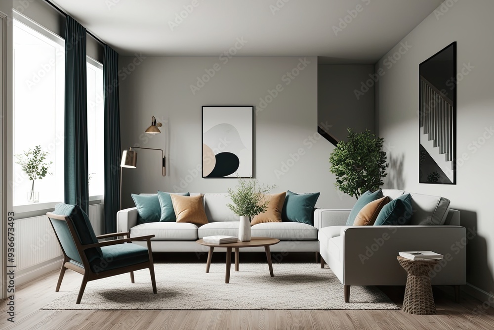 Fototapeta premium Scandinavian Minimalist Interior Design 3D Visualization with Stylish Furniture and Decor