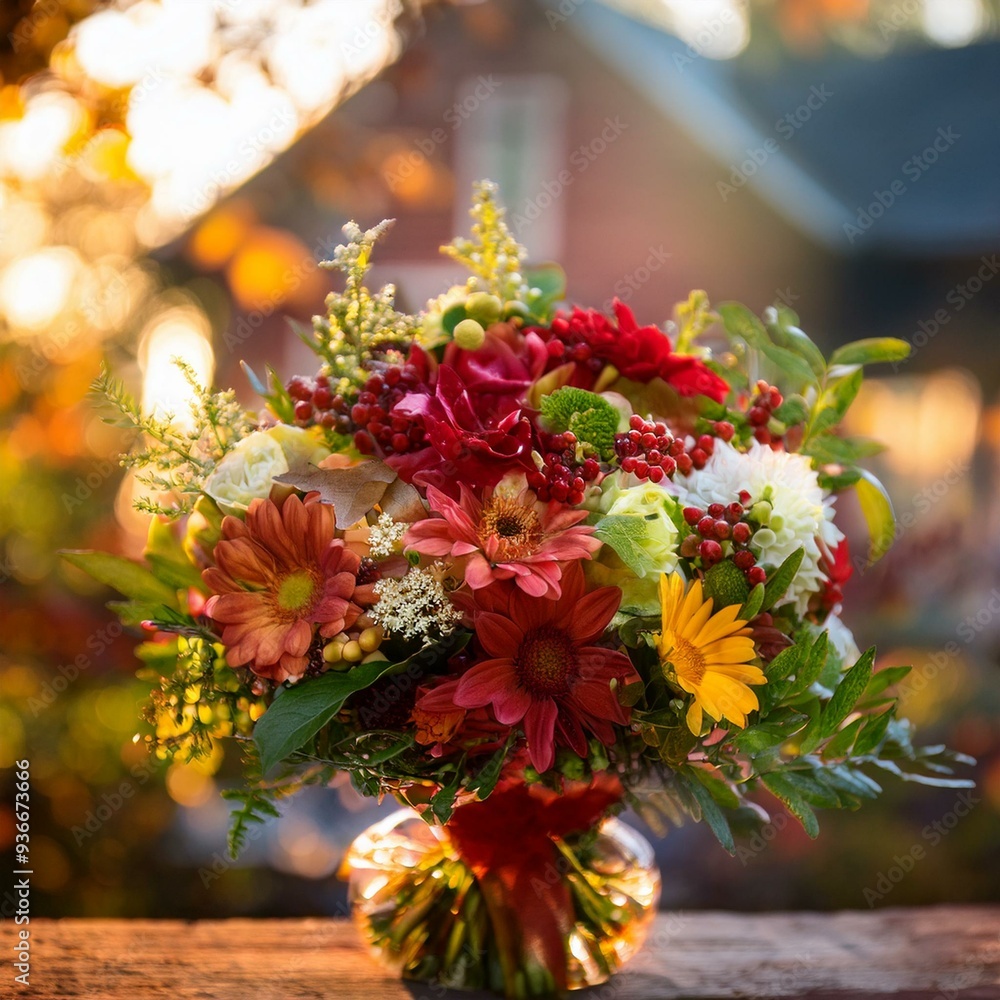 A beautiful fall bouquet with red, yellow, orange, white, and green flowers and berries, set in a rustic urban house, illuminated by warm evening sun. A beautiful fall bouquet with red, yellow, orange, white, and green flowers and berries, set in a rustic urban house, illuminated by warm evening sun.