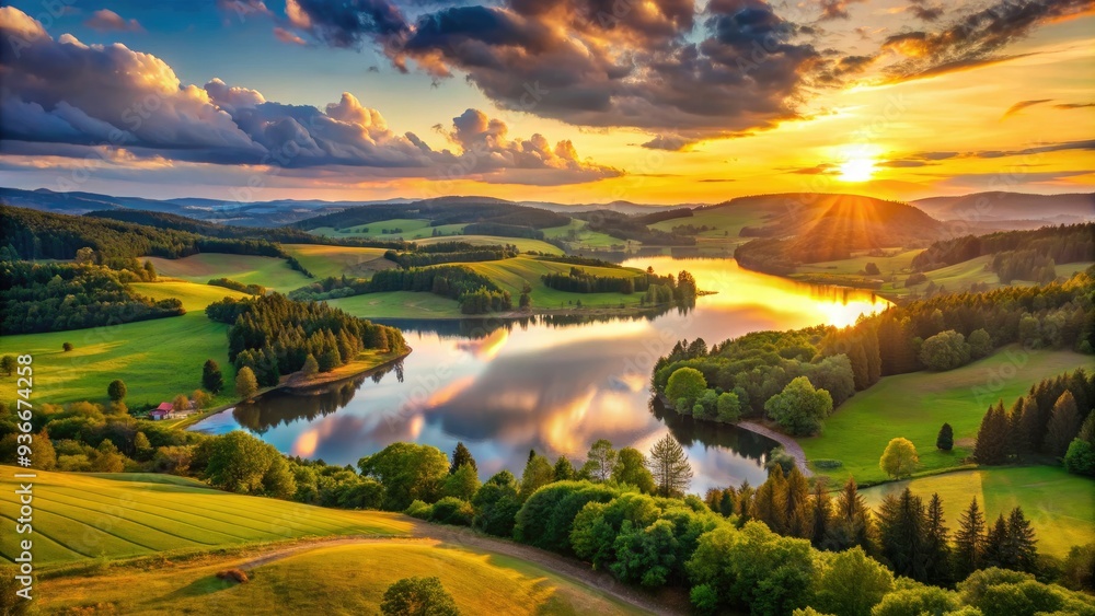 Fototapeta premium Serene landscape of rolling hills, dense forests, and sparkling lakes creating a picturesque scenery in a rural region during the warm sunset hours.