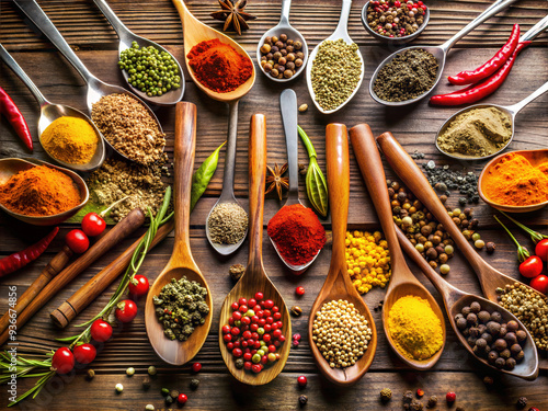 Fototapeta Naklejka Na Ścianę i Meble -  Various spices in spoons, a palette of flavors. Cooking.