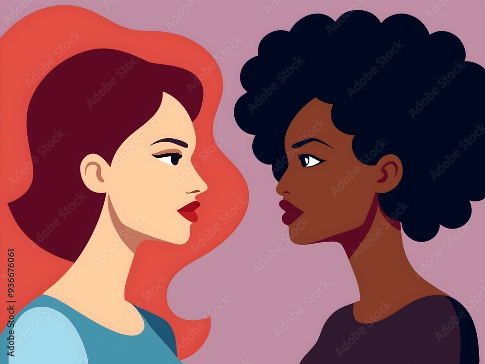 A stylized illustration of two women facing each other. One has long red hair and fair skin, while the other has a short, curly black hairstyle and darker skin. The background is a soft purple. A stylized illustration of two women facing each other. One has long red hair and fair skin, while the other has a short, curly black hairstyle and darker skin. The background is a soft purple.