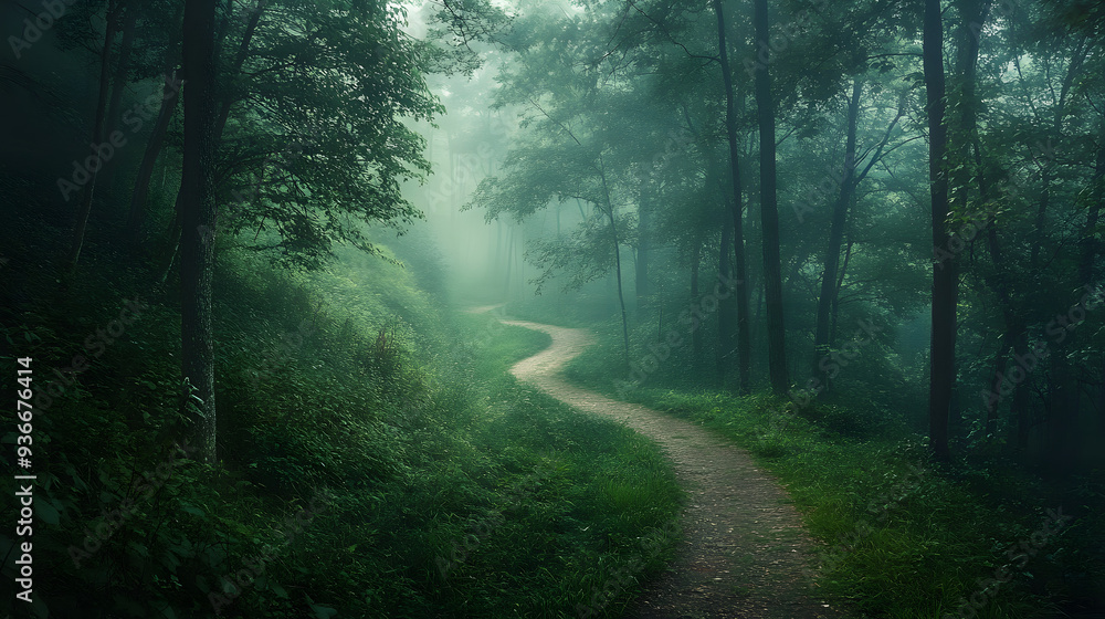 Fototapeta premium Serene forest path winding through lush greenery on a misty morning, showcasing the tranquility and untouched beauty of nature.