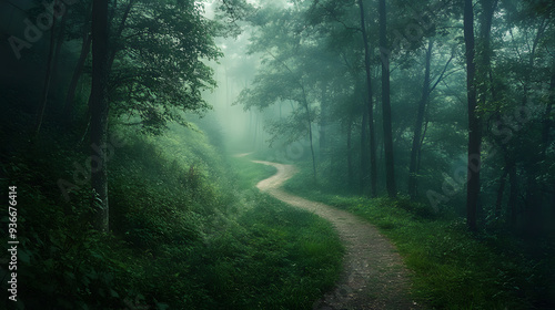 Serene forest path winding through lush greenery on a misty morning, showcasing the tranquility and untouched beauty of nature.