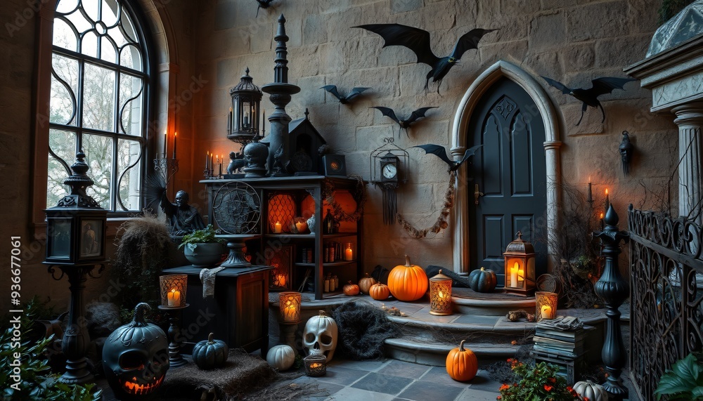 A spooky Halloween entryway decorated with black bats, pumpkins, candles, and an antique clock. A spooky Halloween entryway decorated with black bats, pumpkins, candles, and an antique clock.