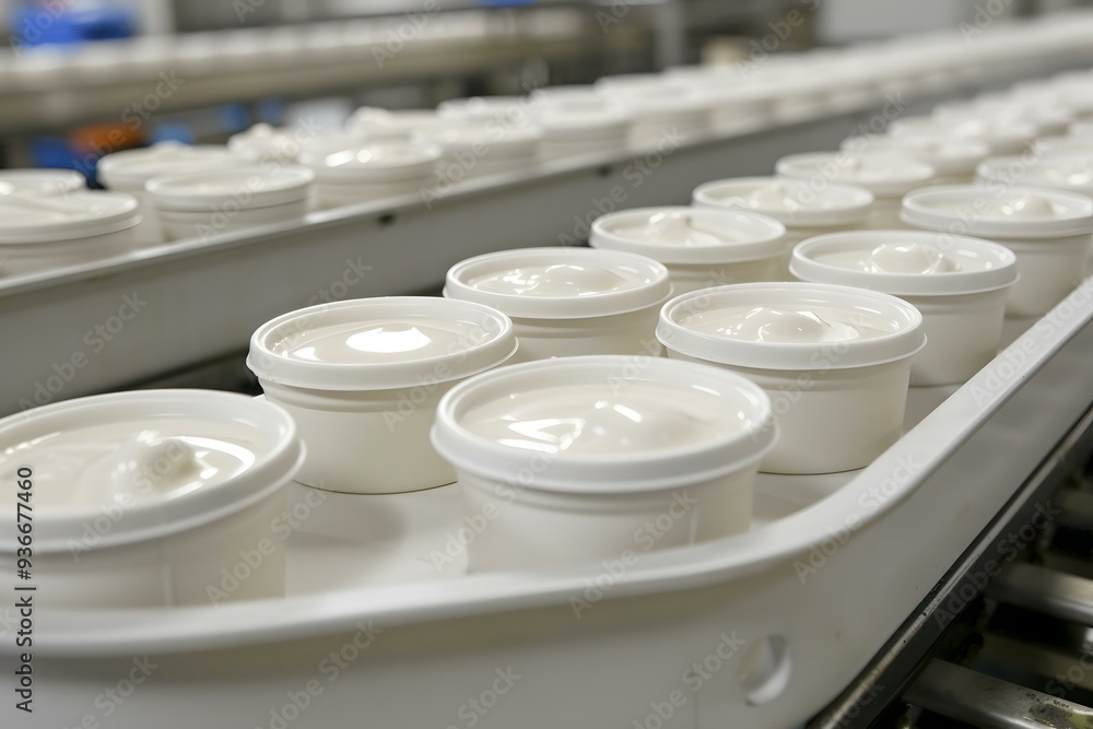 Close Up Of White Plastic Containers With Creamy Food Moving On A Conveyor Belt Close Up Of White Plastic Containers With Creamy Food Moving On A Conveyor Belt