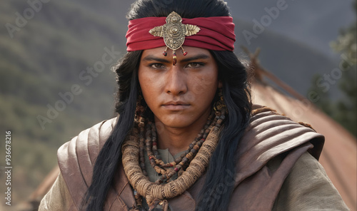 A young man, wearing a red headband and beaded necklace, stares intensely at the camera, his expression serious and focused photo