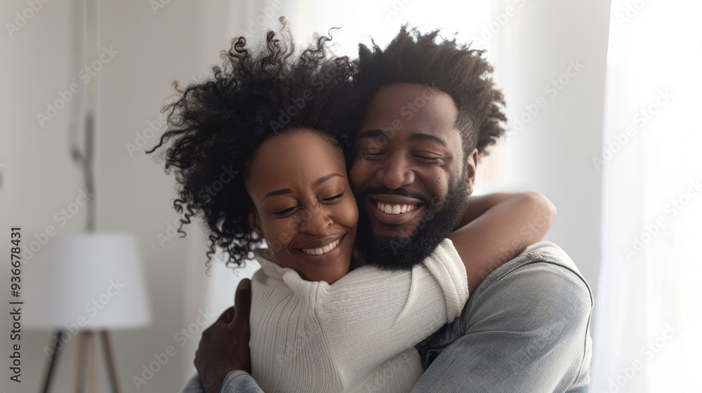 A loving couple shares a warm embrace in a bright indoor space filled with sunlight, reflecting their happiness and connection A loving couple shares a warm embrace in a bright indoor space filled with sunlight, reflecting their happiness and connection