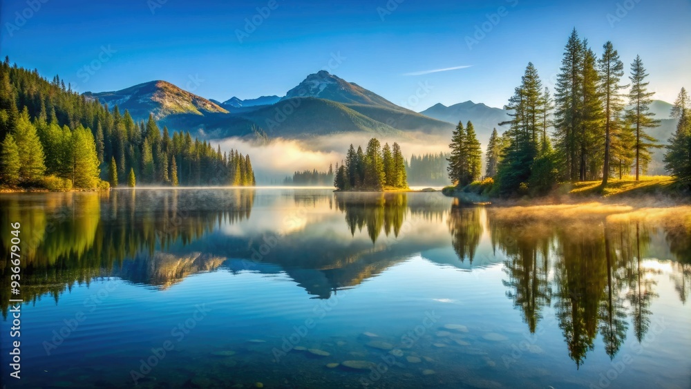 Serene morning scene at Silver Lake, with gentle ripples on the calm water reflecting the surrounding trees and misty mountains under a soft blue sky. Serene morning scene at Silver Lake, with gentle ripples on the calm water reflecting the surrounding trees and misty mountains under a soft blue sky.