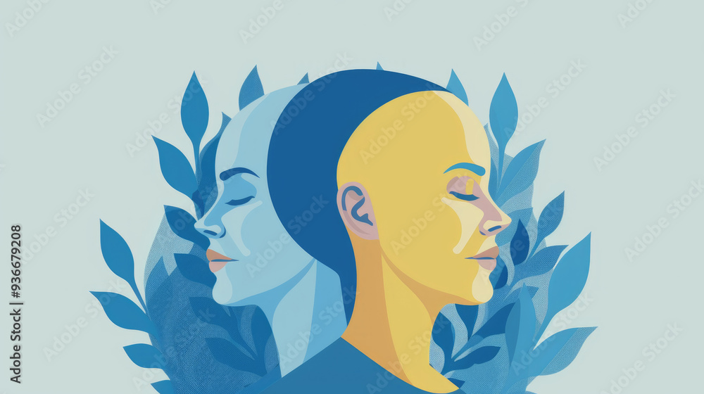 Two faces in profile exhibit contrasting emotions through blue and yellow colors, surrounded by stylized leaves in a tranquil setting Two faces in profile exhibit contrasting emotions through blue and yellow colors, surrounded by stylized leaves in a tranquil setting