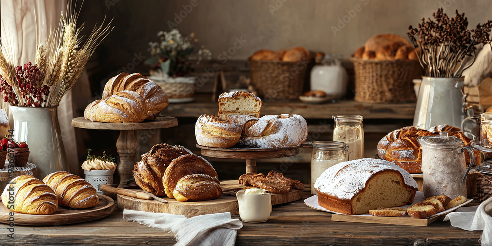 Fototapeta premium freshly baked pastries, bread, and cakes in a warm, rustic bakery setting 