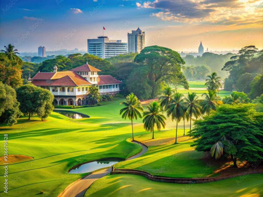 Naklejka premium Serene morning view of the lush green Royal Colombo Golf Club, Sri Lanka's oldest golf course, nestled in the heart of the bustling capital city.