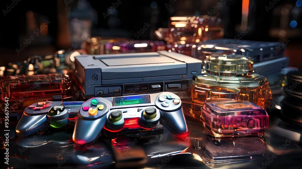 Old stylish vintage retro game console with video game joystick poster ...