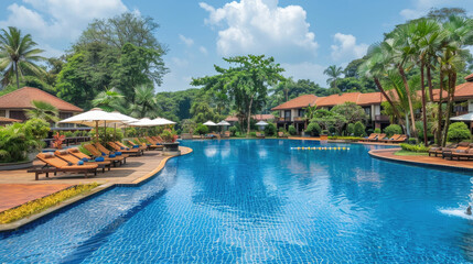 Leinwandbilder Khaki Guests lounge by the crystal-clear pool, enjoying the warm sun and peaceful atmosphere of the resort's tropical landscape  © sommersby