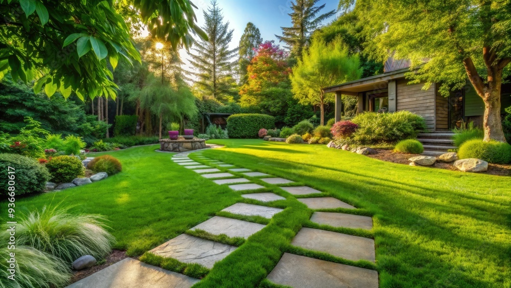 Serene natural setting featuring lush, realistic green grass blades surrounded by weathered stone pavers, exuding a sense of tranquility and outdoor relaxation. Serene natural setting featuring lush, realistic green grass blades surrounded by weathered stone pavers, exuding a sense of tranquility and outdoor relaxation.