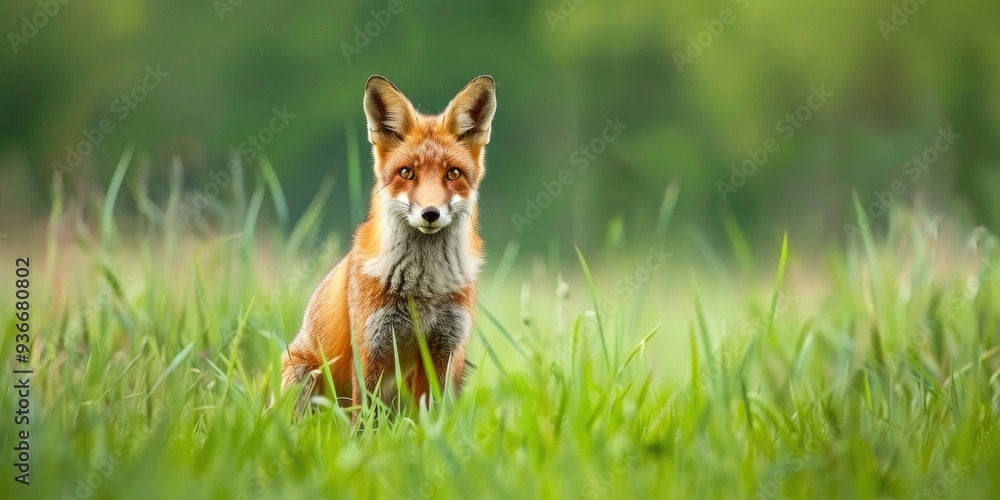 Obraz premium Red fox vixen in a vibrant green meadow