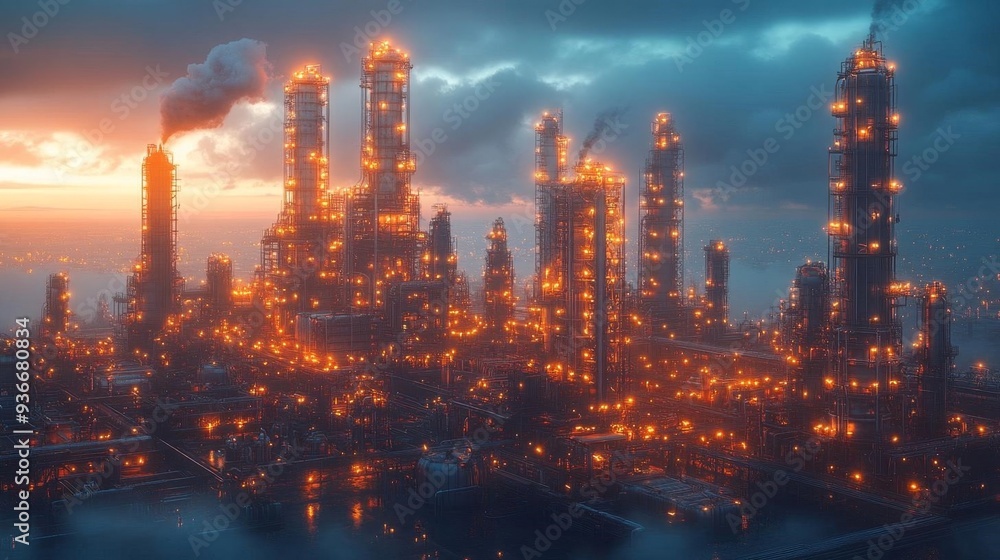 Fototapeta premium Industrial cityscape with smokestacks at sunset - generative ai