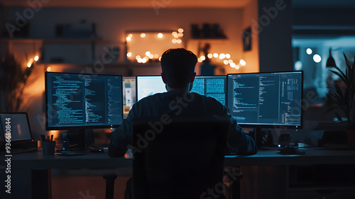 Modern Office Environment with Male Programmer Working Late Night on Multiple Monitors Featuring Coding Software, Illustrating Remote Work and Productivity