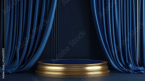 Gold Pedestal with Blue Velvet Curtains and Dark Blue Wall photo