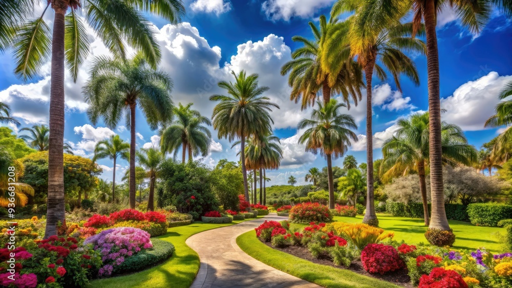 Fototapeta premium Serenene palm trees and vibrant flowers thrive in the lush, natural oasis of a prestigious university's botanical garden on a sunny day.
