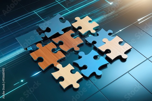 Visionary Representation of Amalgamation: Combined Puzzle Fragments on a Sleek Digital Backdrop Demonstrating Synergy and Effortless Interoperability