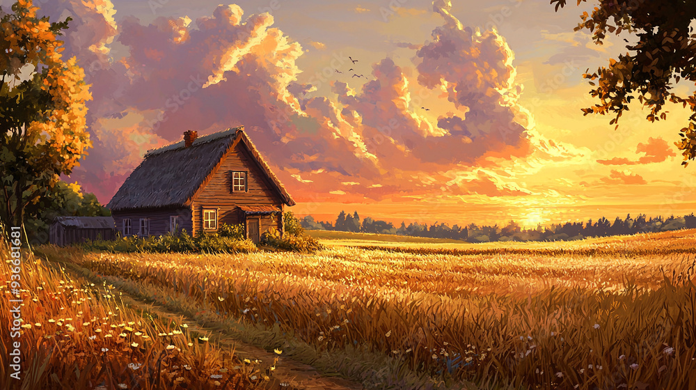 Sunset over a tranquil countryside with a cozy Sunset over a tranquil countryside with a cozy