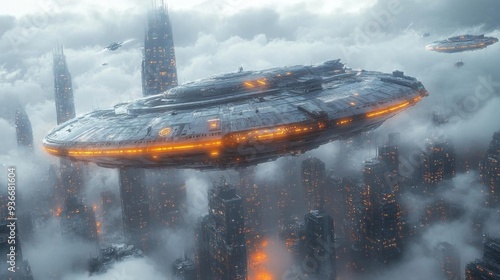 Fototapeta Naklejka Na Ścianę i Meble -  Massive spaceships over futuristic city - generative ai