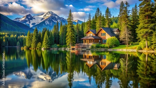 Serene northwest waterfront home nestled among towering evergreen trees, surrounded by serene water reflections and majestic mountain views on a sunny afternoon. photo