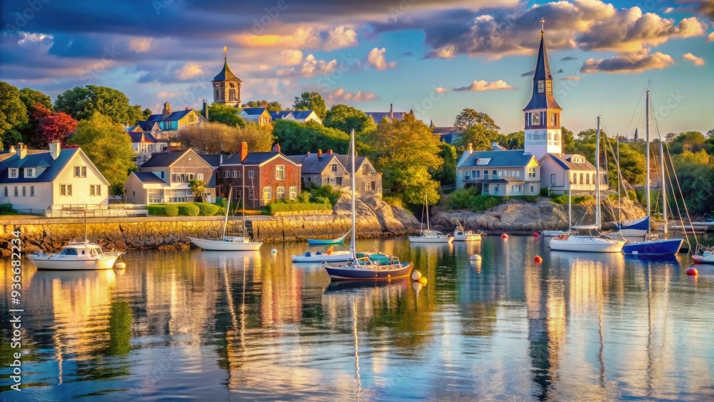 Fototapeta premium Serenene waterfront scene of historic Marblehead, Massachusetts, featuring charming colonial-era architecture, sailboats, and a tranquil harbor with gentle waves and crystal-clear water.