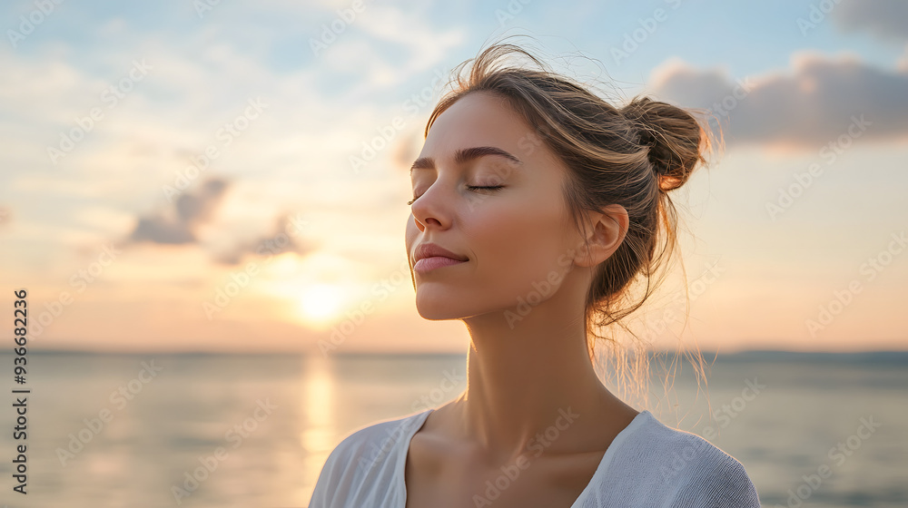 Serene Woman Meditating at Sunset by the Ocean Practicing Mindfulness and Relaxation for Mental Clarity and Wellness Serene Woman Meditating at Sunset by the Ocean Practicing Mindfulness and Relaxation for Mental Clarity and Wellness
