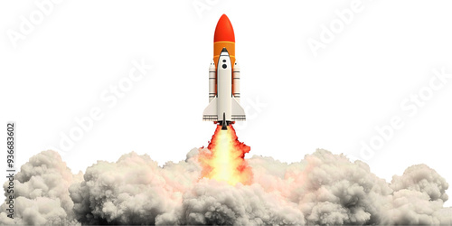 A rocket launching into the sky with fiery exhaust and billowing clouds, symbolizing exploration and technological advancement. Isolated on transparent or white background.