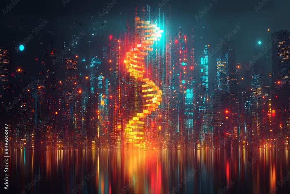 Abstract illustration of DNA helix transforming into series of interconnected skyscraper symbolizing growth innovation visualizing fusion of biological growth principle modern architectural innovation Abstract illustration of DNA helix transforming into series of interconnected skyscraper symbolizing growth innovation visualizing fusion of biological growth principle modern architectural innovation