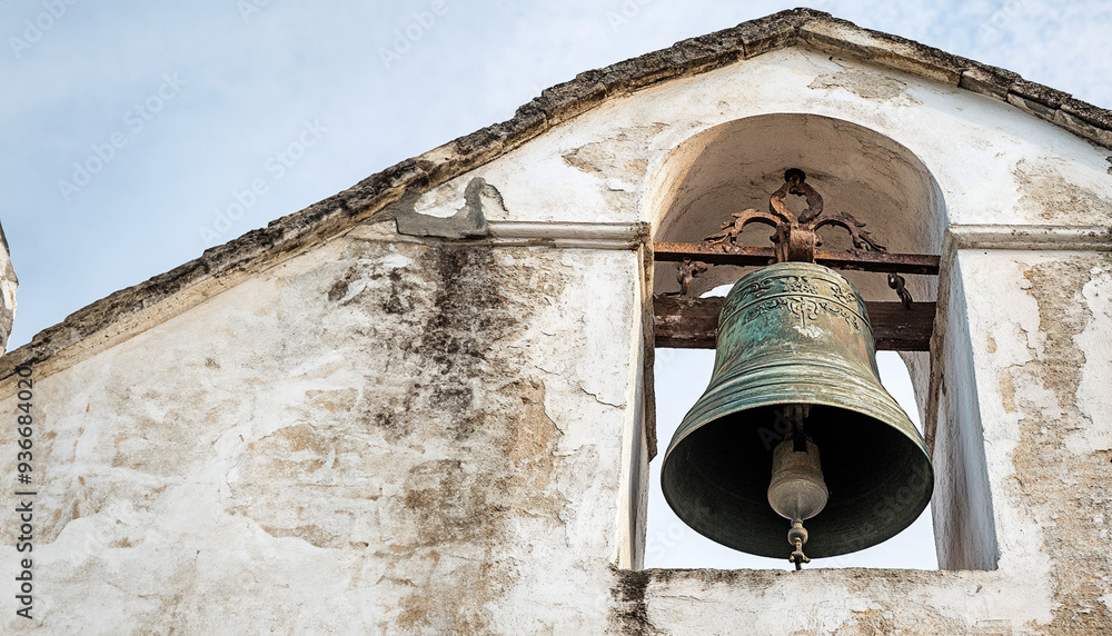 Obraz premium Old church bell in rustic old church tower, low angle view 