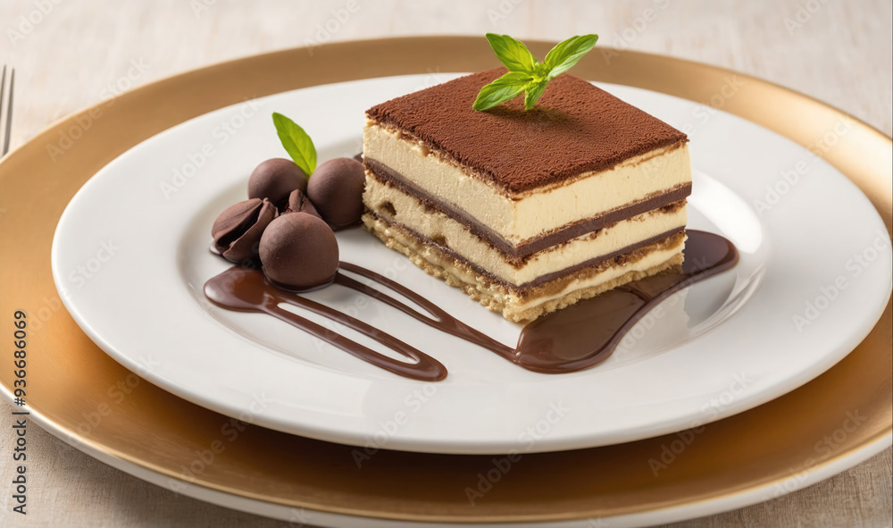 A single slice of tiramisu on a white plate with a drizzle of chocolate sauce and a few chocolate candies A single slice of tiramisu on a white plate with a drizzle of chocolate sauce and a few chocolate candies