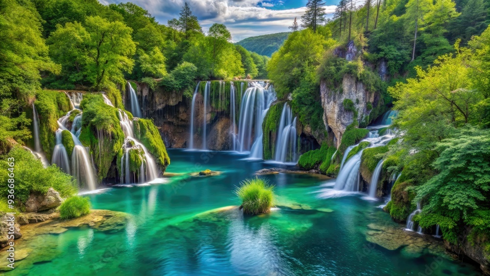 Serene turquoise waterfalls cascade into crystal-clear lakes surrounded by lush greenery and ancient trees in Croatia's breathtaking Plitvice Lakes National Park natural wonder. Serene turquoise waterfalls cascade into crystal-clear lakes surrounded by lush greenery and ancient trees in Croatia's breathtaking Plitvice Lakes National Park natural wonder.
