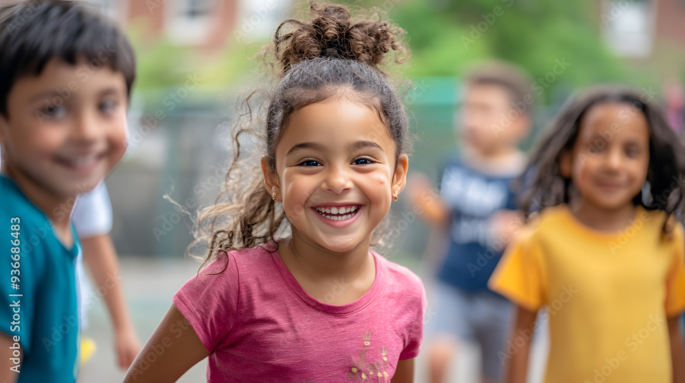 Diverse group of children enjoying outdoor activity, featuring a joyful girl in focus sharing a moment of happiness with friends Diverse group of children enjoying outdoor activity, featuring a joyful girl in focus sharing a moment of happiness with friends