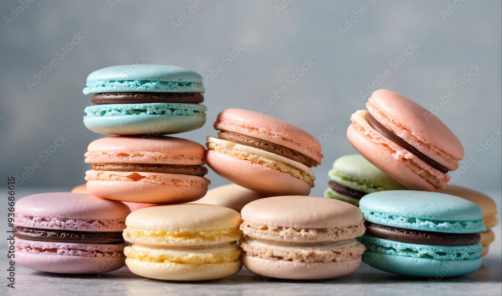 A group of colorful macarons are arranged on a surface A group of colorful macarons are arranged on a surface