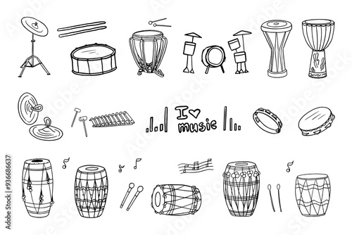 Large set of musical percussion instruments in doodle style. Drums, cymbals, tambourine, castanets, xylophone. Hand drawn. Great for banner, posters, stickers, professional design. 