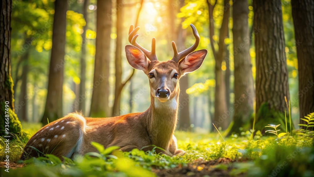 Serene white-tailed deer lies peacefully in a verdant forest glade, surrounded by tall trees and dappled sunlight, its large brown eyes half-closed in relaxation. Serene white-tailed deer lies peacefully in a verdant forest glade, surrounded by tall trees and dappled sunlight, its large brown eyes half-closed in relaxation.