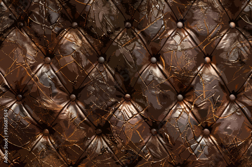 High-Resolution Seamless Dark Brown Leather Texture with Button Detail and Cracked Surface for Creative Backgrounds and Designs